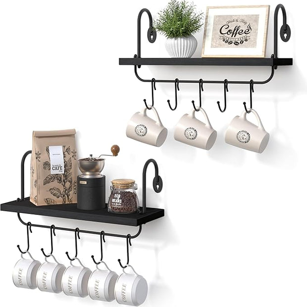 Olakee Floating Wall Shelves for Kitchen Bathroom Coffee Nook with 10 Adjustable Hooks for Mugs Cooking Utensils or Towel Rustic Storage Shelves Set of 2/17x5.9 inch (Black)