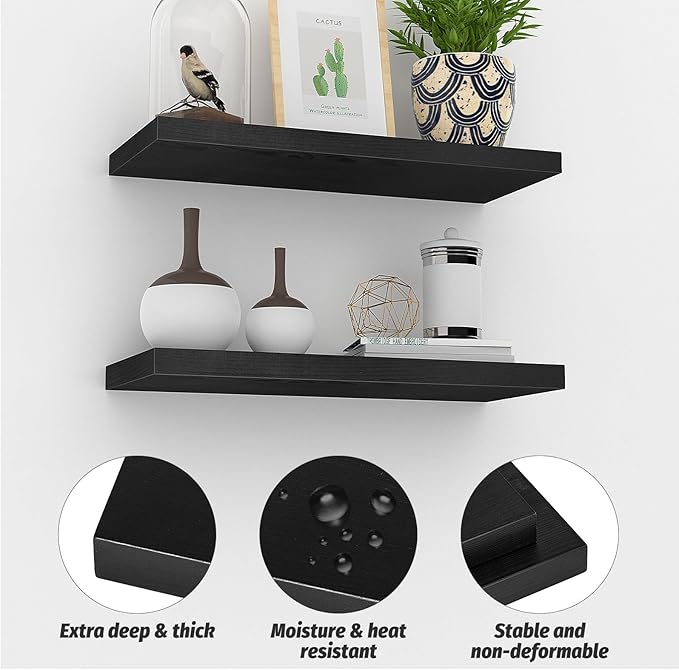 Floating Shelves (Set of 2) – Wall Mounted Shelves for Home Décor and Storage, Natural Pine Wood, Suitable for Living Room and Bedroom (Black, 15.7" x 5.7" x 1.0")