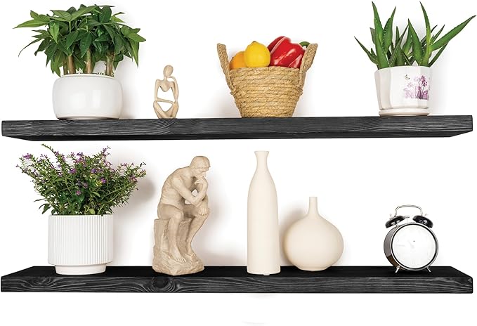 BGMG Wood Floating Shelves for Wall 54 inch Set of 2,Black Floating Shelves,Solid Wood Wall Mount Shelves for Bathroom Living Room Bedroom Kitchen Farmhouse -54x 6.7 x1.75 inch