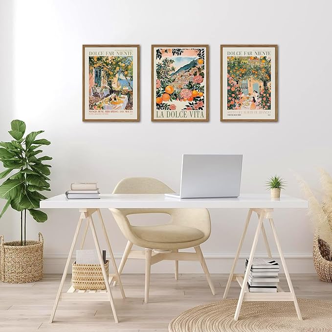 Italy Travel Wall Art Set of 3, Amalfi Coast Wall Decor, Trendy Italian Food Kitchen Poster Canvas Prints, Vintage City Landscape Artwork for Dining Room Living Room 12x16 inch Wood Framed