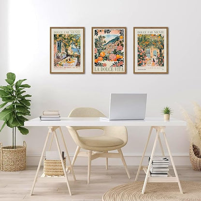 Italy Travel Wall Art Set of 3, Amalfi Coast Wall Decor, Trendy Italian Food Kitchen Poster Canvas Prints, Vintage City Landscape Artwork for Dining Room Living Room 12x16 inch Wood Framed