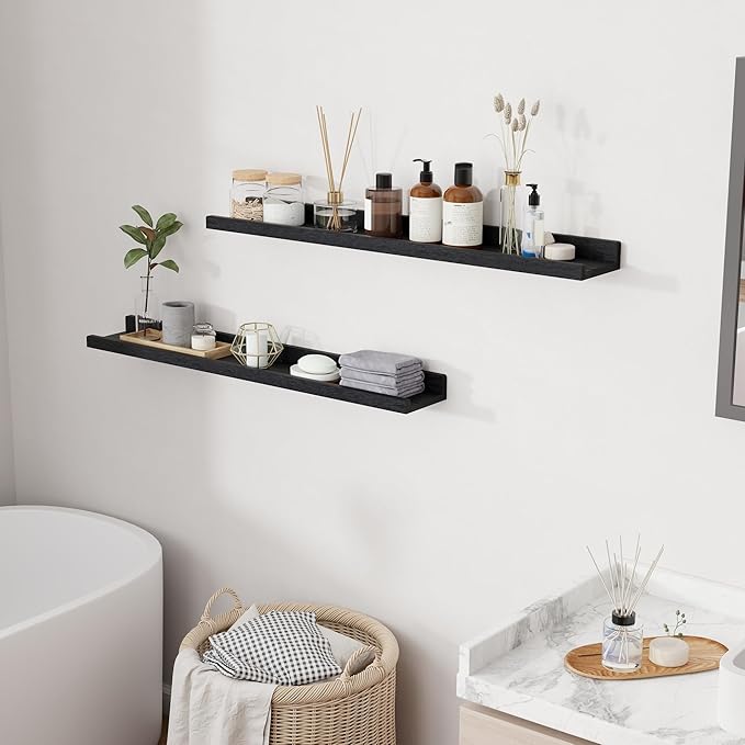 RICHFOCUS Floating Shelves for Wall, 36 inch Solid Wood Picture Ledge Shelf for Wall Storage, Nursery Book Shelves with Lip for Living Room Bathroom Bedroom Kitchen, Set of 2, Distressed Black