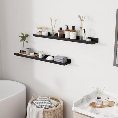 RICHFOCUS Floating Shelves for Wall, 36 inch Solid Wood Picture Ledge Shelf for Wall Storage, Nursery Book Shelves with Lip for Living Room Bathroom Bedroom Kitchen, Set of 2, Distressed Black