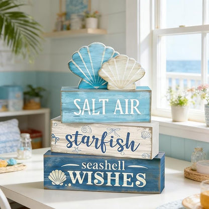 4 Pcs Coastal Summer Beach Tiered Tray Decor Rustic Wooden Nautical Centerpiece Set with Shell Starfish Farmhouse Style Beach Room Decor Summer Tiered Tray Decor