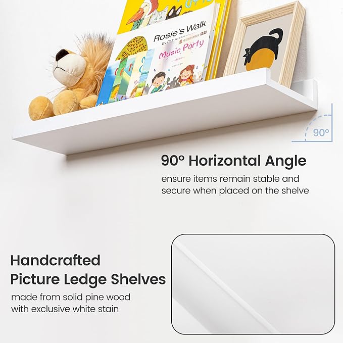 Picture Ledge Shelf for Wall, 24 inch Solid Ash Wood Nursery Book Shelves 2 Packs, Floating Shelves for Kids' Room Bedroom Bathroom Living Room Photo Frames Office Nursey Wall Decor, White