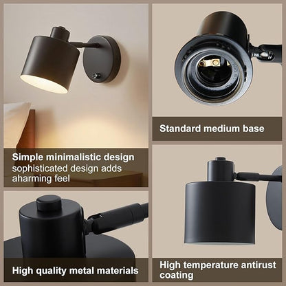 LIGHTESS Wall Sconce with Switch Farmhouse Wall Sconces with on Off Dimmer Black Industrial Hardwired Wall Lights Rustic Dimmable Wall Lamp for Bedroom Living Room Hallway,Set of Two