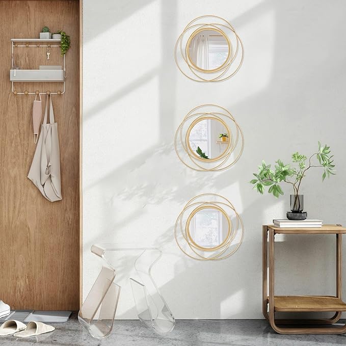 3 Set Gold Circle Mirrors for Wall Decor - Metal Art Small Round Mirror Sets - Hanging Wall Sculpture for Bedroom, Living Room, Entryway 12''
