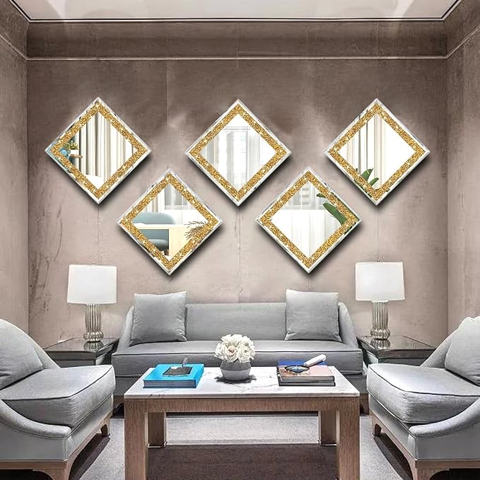 2 Piece Wall Mirrors, Crush Diamond Wall Decor, Gold Color Decorative Mirrors for Living Room, Bedroom, Bathroom. (12'x12')