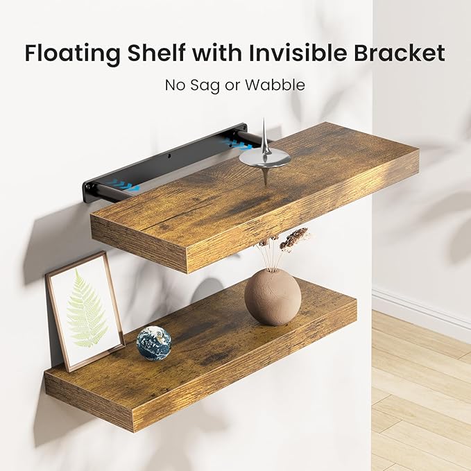 AMADA HOMEFURNISHING Floating Shelves, Wall Shelves for Bathroom/Living Room/Bedroom/Kitchen Decor, Decor Shelf with Invisible Brackets Set of 3, Rustic Brown - AMFS07V