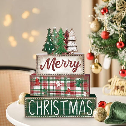 DIYDEC 4Pcs Christmas Table Decoration Green Tree Wooden Block Sign Christmas Tiered Tray Decor Winter Centerpiece Decorative Sign for Xmas Holiday Tabletop Coffee Fireplace Shelf Desk Party Decor