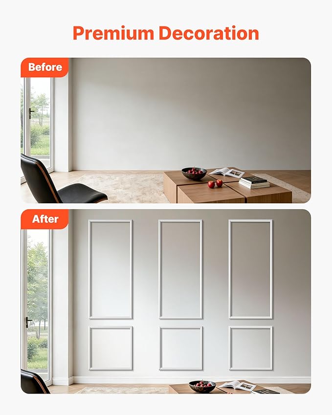 VEVOR Wall Molding 3 Pack, Wainscoting Panels Kit, Lightweight Paintable Polystyrene, Easy to Install, Waterproof Accent Wide Profile Trim for Interior Living Room, Bedroom,White (24x54 + 24x24 in)