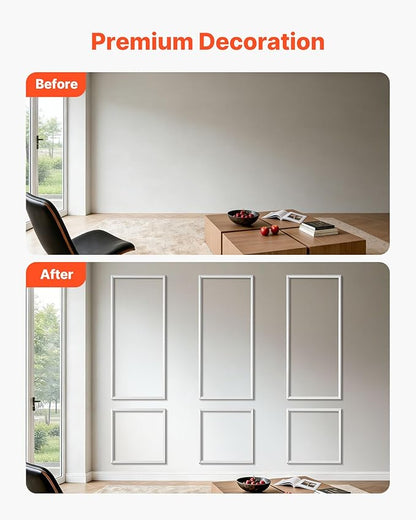 VEVOR Wall Molding 3 Pack, Wainscoting Panels Kit, Lightweight Paintable Polystyrene, Easy to Install, Waterproof Accent Wide Profile Trim for Interior Living Room, Bedroom,White (24x54 + 24x24 in)