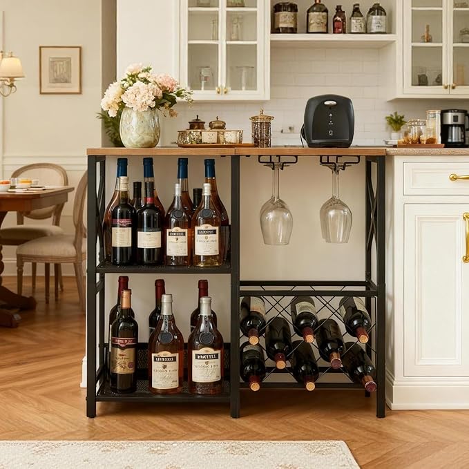 Wine Bar Cabinet, Rustic Freestanding Wine Rack with Glass Holder and Fence, Bar Cabinet with 2 Tier Storage, Liquor Shelf for Home Bar, Rustic Brown