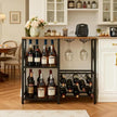Wine Bar Cabinet, Rustic Freestanding Wine Rack with Glass Holder and Fence, Bar Cabinet with 2 Tier Storage, Liquor Shelf for Home Bar, Rustic Brown