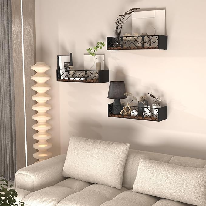 Black Floating Shelves with Removable Insert Plate Set of 3, Wooden Display Shelves, Rustic Decorative Wall Shelves for Living Room, Bedroom, Kitchen