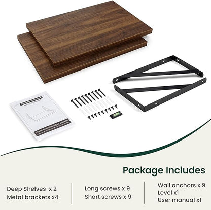 Floating Shelves, 12 Inch Deep Rustic Wood Wall Storage, 16W x 12D Wall Shelves Set of 2, Heavy Duty Metal Brackets, Large Industrial Book Shelf for Living Room, Kitchen, Bedroom, Walnut