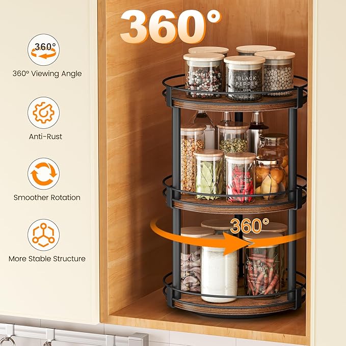 Snughome Lazy Susan Organizer, 3 Tier Rotating Spice Rack, Turntable Lazy Susan Kitchen Countertop Organizer, 10.2
