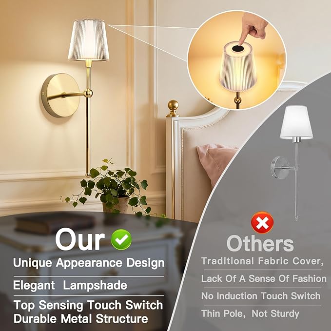Battery Operated Wall Sconces Set of 2, Wireless Wall Sconce with Remote Dimmable Timer, Rechargeable 5200mAh, Cordless Wall Light Gold for Bedroom Living Room, Hallway, Light Decor