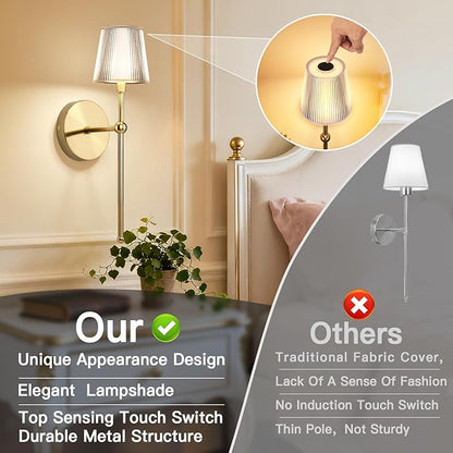 Battery Operated Wall Sconces Set of 2, Wireless Wall Sconce with Remote Dimmable Timer, Rechargeable 5200mAh, Cordless Wall Light Gold for Bedroom Living Room, Hallway, Light Decor