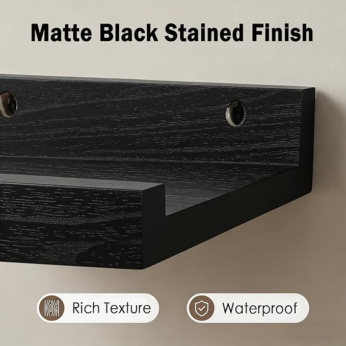 Z metnal Small Floating Shelves, Natural Wooden Display Wall Shelf for Picture Ledge, Nursery Floating Shelves, Black, Wall Mounted, 8 x 5.5 inch, 2 Pcs