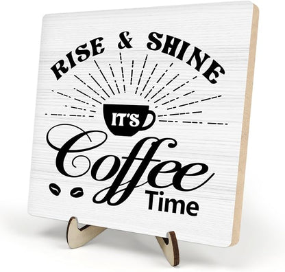 Vintage Coffee Bar Wooden Plaque Desk Sign, Farmhouse Wood Plaque Tabletop Decor for Cafe Bar Kitchen Office,Coffee Station Accessories 5.9x5.9Inch(Coffee- White02)