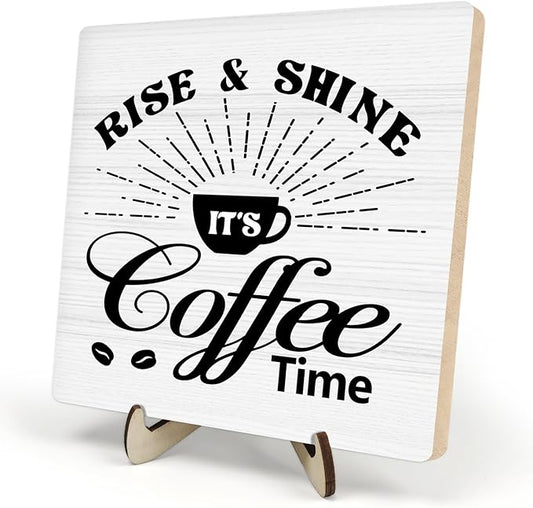 Vintage Coffee Bar Wooden Plaque Desk Sign, Farmhouse Wood Plaque Tabletop Decor for Cafe Bar Kitchen Office,Coffee Station Accessories 5.9x5.9Inch(Coffee- White02)
