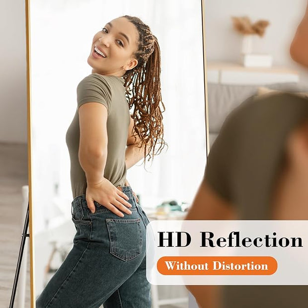 OLIXIS Full Length Mirror 59"x16.5" for Bedroom, Full Body Mirror with Stand, Hanging or Leaning for Wall, Aluminum Alloy Thin Frame Floor Standing for Living Room, Long, Gold