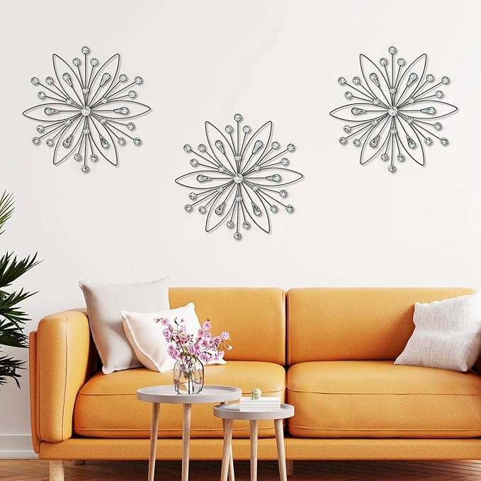 ZEXUIRU 3 Pack Black Sunburst Wall Decor – Metal Crystal Wall Art with Sparkling Rhinestones, 14’’/18 Inch Starburst Wall Hanging Set for Living Room Bedroom Bathroom – Modern Bling Home Decorations