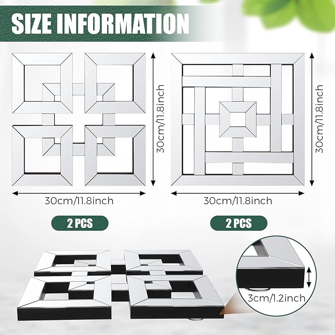 Geelin 4 Pcs Silver Mirrors Wall Decor 1.2 Inch Thick Wall Mount Decorative Square Mirrors 12 x 12 Inch Silver Art Mirrored DIY Modern Mounted Accent for Home Living Room Bedroom Farmhouse Decor