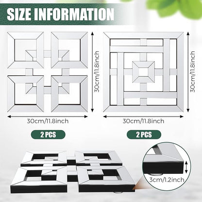 Geelin 4 Pcs Silver Mirrors Wall Decor 1.2 Inch Thick Wall Mount Decorative Square Mirrors 12 x 12 Inch Silver Art Mirrored DIY Modern Mounted Accent for Home Living Room Bedroom Farmhouse Decor