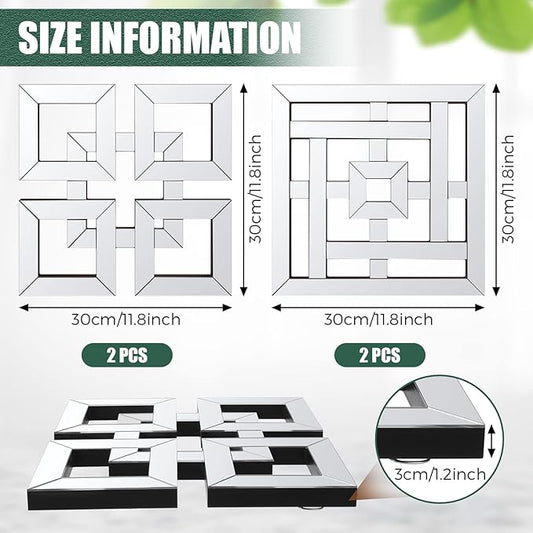 Geelin 4 Pcs Silver Mirrors Wall Decor 1.2 Inch Thick Wall Mount Decorative Square Mirrors 12 x 12 Inch Silver Art Mirrored DIY Modern Mounted Accent for Home Living Room Bedroom Farmhouse Decor
