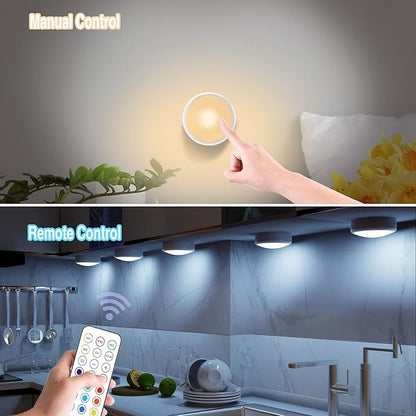 ILYXY Puck Lights With Remote, 3 Pack LED Under Cabinet Lighting, Dimmable Push Battery Operated Wireless Under Counter for Kitchen, Multicolor Transformation Stick On, Shiny White