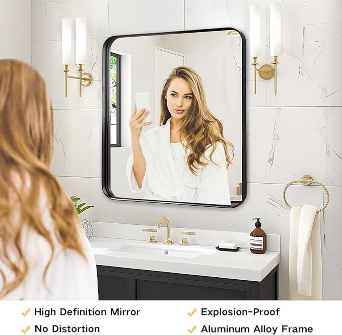 Bathroom Mirror for Over Sink - 24x24 Inch Black Matte Bathroom Mirrors for Vanity, Wall Mounted Rectangle Framed Mirror for Restroom, Fireplace, Living Room Decor
