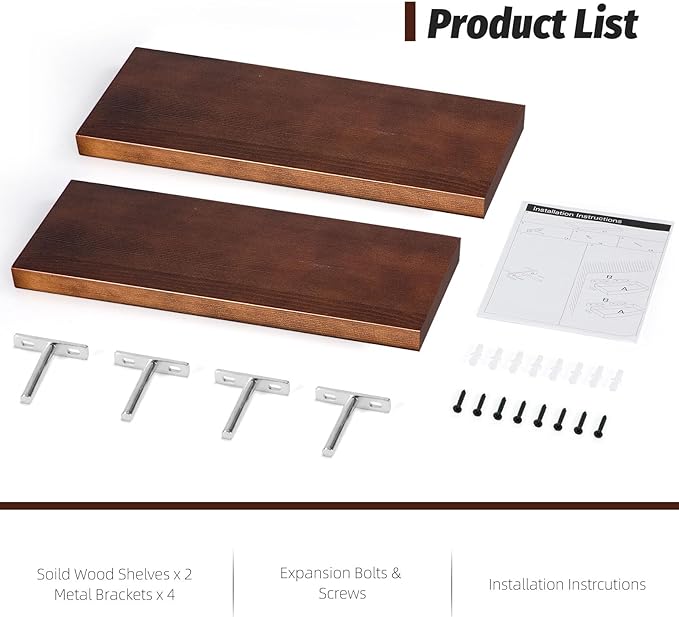 Floating Shelves (Set of 2) – Wall Mounted Shelves for Home Décor and Storage, Natural Pine Wood, Suitable for Living Room and Bedroom (Brown, 15.7