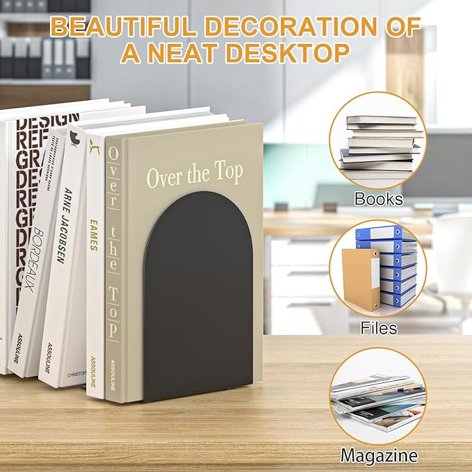 Bookends 4 Pairs, Metal Round Bookends for Shelves, Book Ends for Desk, Book End to Hold Books, Book Stopper, Black Bookend for Home Office
