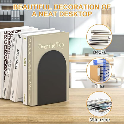 Bookends 2 Pairs, Metal Round Bookends for Shelves, Book Ends for Desk, Book End to Hold Books, Book Stopper, Black Bookend for Home Office
