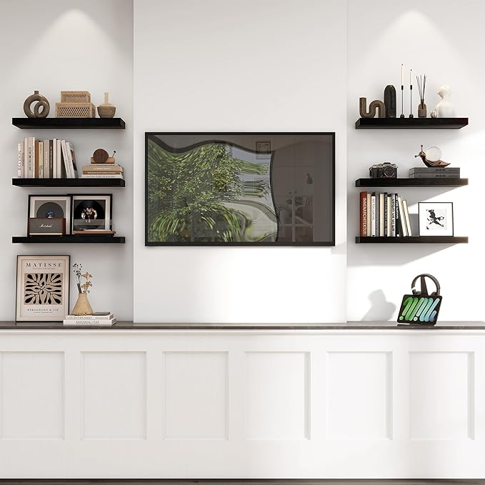 Heimlove 24 inch Floating Shelves for Wall,9.3 inch deep Black Wood Shelves with Invisible Brackets,Wall Mounted Storage & Display Shelves for Bedroom,Living Room,Set of 2
