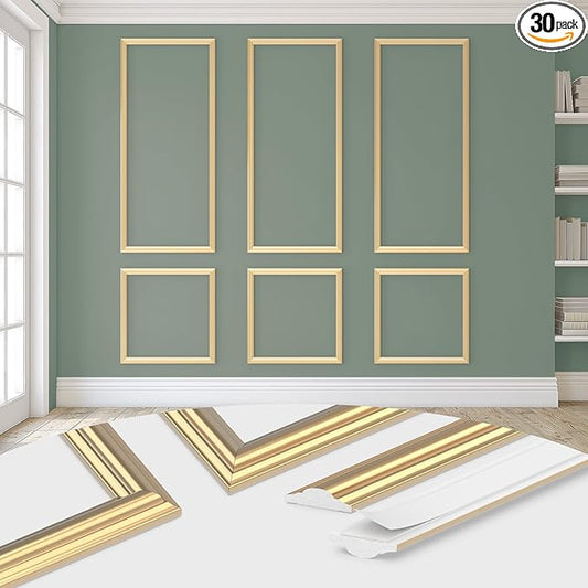 DODOKIE Peel and Stick Wall Molding Kit, Pre Cut Molding Wainscoting Panels for Interior Home Wall Moulding Décor Living Room Decoration, Self-Adhesive Ready to Assemble Gold (3 Set, 24 x 78 in)