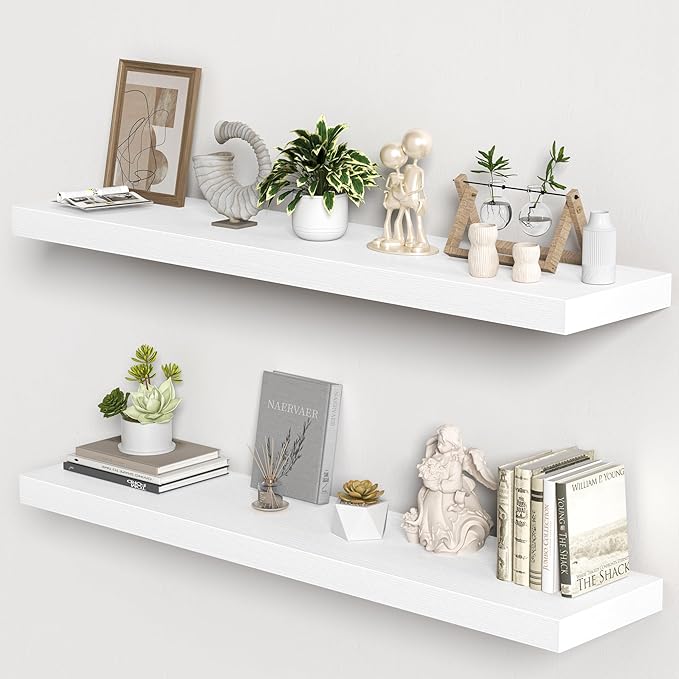 Floating Shelves for Wall, 48"W x 9.3"D x 1.5"H, Long Wooden Wall Mounted Display Shelves with Invisible Brackets for Living Room, Bedroom, Bathroom, Kitchen Decor and Storage, Set of 2, White