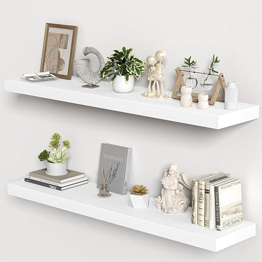 Floating Shelves for Wall, 48"W x 9.3"D x 1.5"H, Long Wooden Wall Mounted Display Shelves with Invisible Brackets for Living Room, Bedroom, Bathroom, Kitchen Decor and Storage, Set of 2, White
