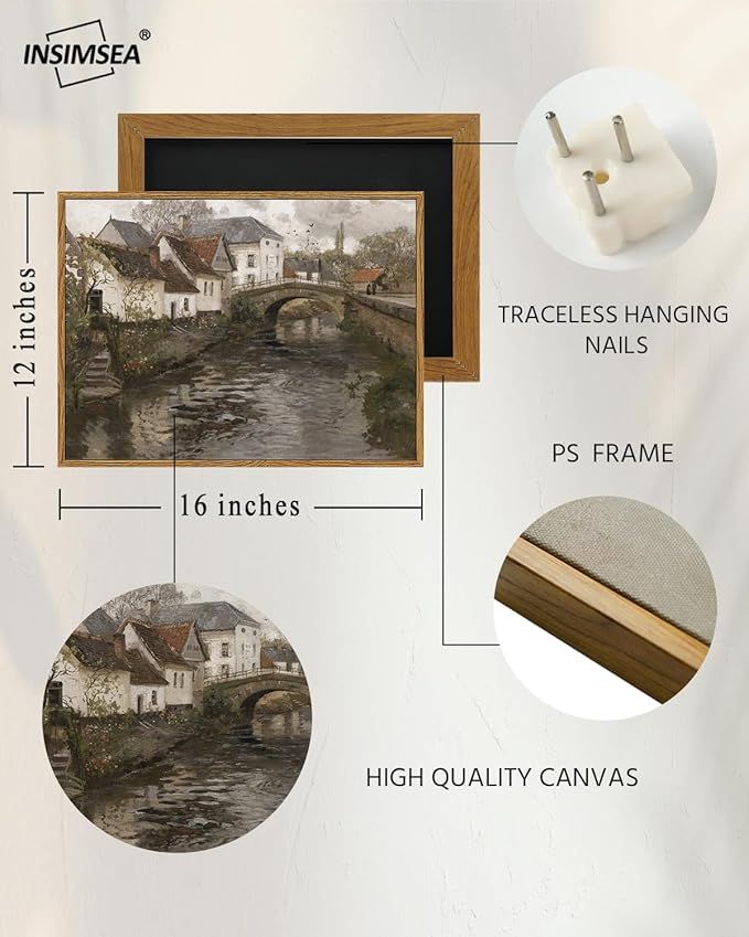 InSimSea Framed Canvas Wall Art Vintage Decor, Landscape Wall Art, Riverside Small Town Pictures Home Decor, Rustic Farmhouse Wall Print for Bedroom Living Room, 12