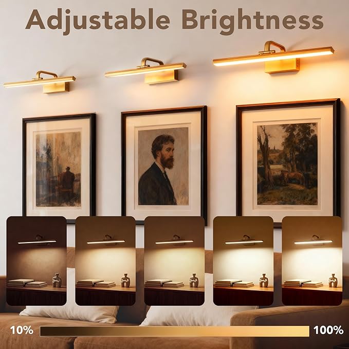 Picture Light,Picture Lights for Wall Cordless,Picture Lights with Timer and Dimmable,Battery Wall Lights for Display Gallery Painting Art Frame Portrait-L Brass