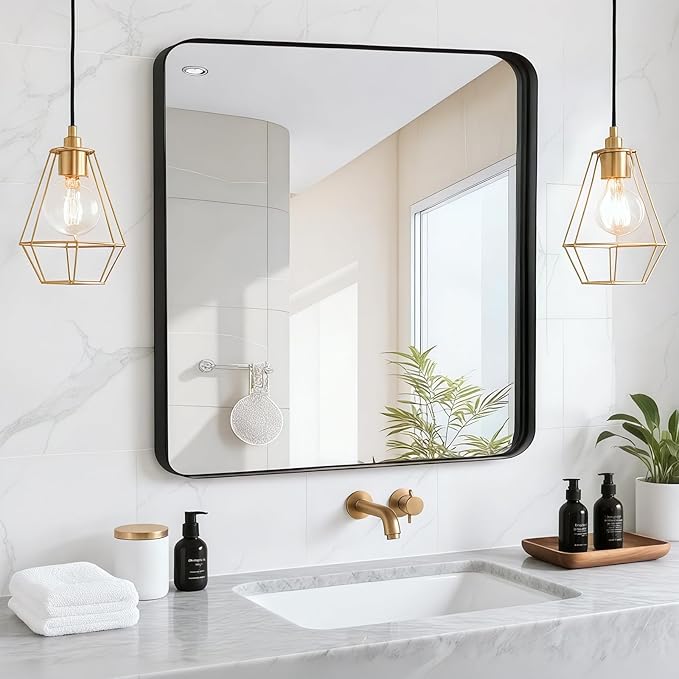 28x28 Inch Black Bathroom Mirror - Metal Framed Square Mirror for Bathroom Over Sink, Matte Wall Mirrors for Restroom, Bedroom, Entryway, High-Definition
