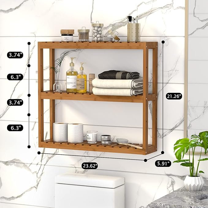 Domax Bamboo Bathroom Shelf 3-Tier Wall Mount Storage Rack Multifunctional Adjustable Layer Free Standing Over Toilet Utility Shelves Living Room Kitchen (Walnut)