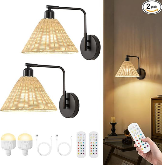 Rattan Rechargeable Wall Sconce Set of 2, Black Battery Operated Wall Lights with Remote, Hand Woven Boho Sconces Swing Arm Wireless Wall Lamp for Bedroom, Living Room, Hallway Decor