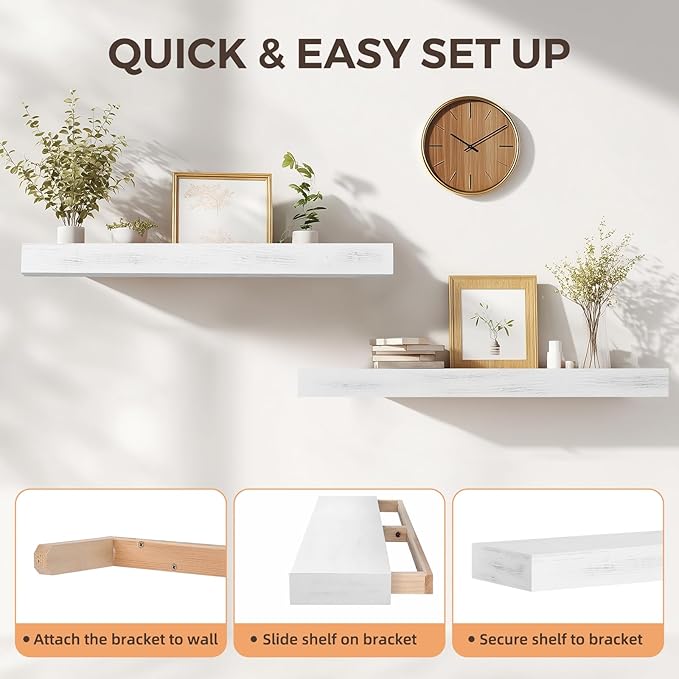 36x6.8x2 Inch Rustic Floating Shelves for Wall Set of 2 - White Solid Wood Wall Mounted Shelves with Invisible Bracket, Extended Design for Farmhouse Living Room Bedroom Kitchen Decor