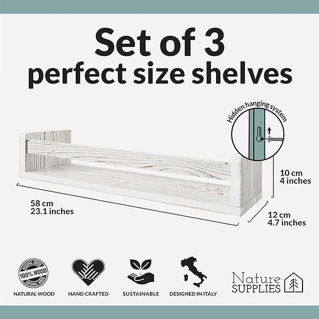 NATURE SUPPLIES Set of 3, 23.1" Whitewashed Floating Shelves for Wall, Kids Bookshelf for Bedroom, Nursery Storage, Decorative Wall Shelves for Kids Rooms, Modern Nursery Décor, Space-Saving Design