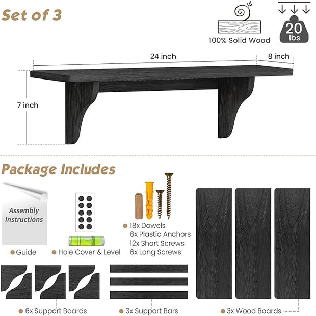 Forbena Wall Mounted Shelves for Bedroom 24 Inches Long, 8 Inch Deep Floating Shelves for Wall, Large Hanging Arched Shelf for Kids Bathroom Living Room Office Decor Plants Books (3-Pack, Black)