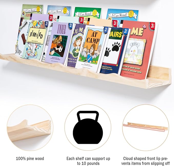 AZSKY Floating Bookshelf for Kids, Floating Shelves for Wall, Cloud Picture Ledge Shelf Natural, 35.4 Inches Nursery Book Shelves Set 3, Baby Book Shelf for Baby & Toddler Room Decor