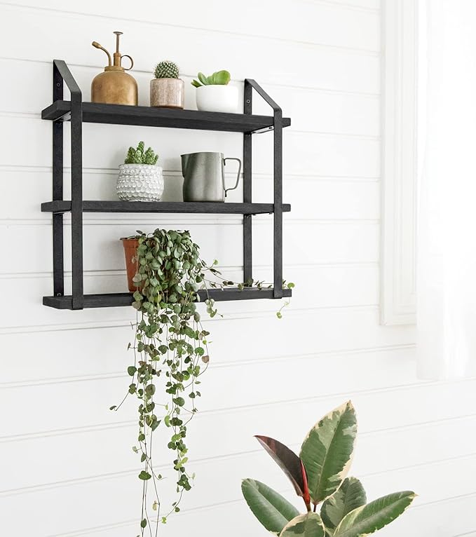 Mkono Floating Wall Shelves 3 Tier Rustic Hanging Shelf with Metal Bracket Wall Mount Wood Storage Display Shelves for Living Room Bathroom Bedroom Kitchen Office,Black